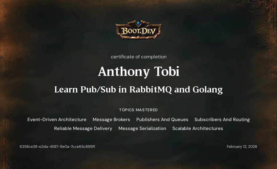 Anthony Tobi's Boot.dev Learn Pub/Sub in RabbitMQ and Go certificate