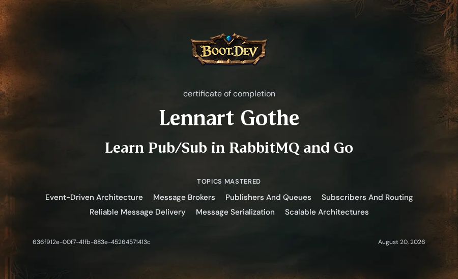 Lennart Gothe's Boot.dev Learn Pub/Sub in RabbitMQ and Go certificate