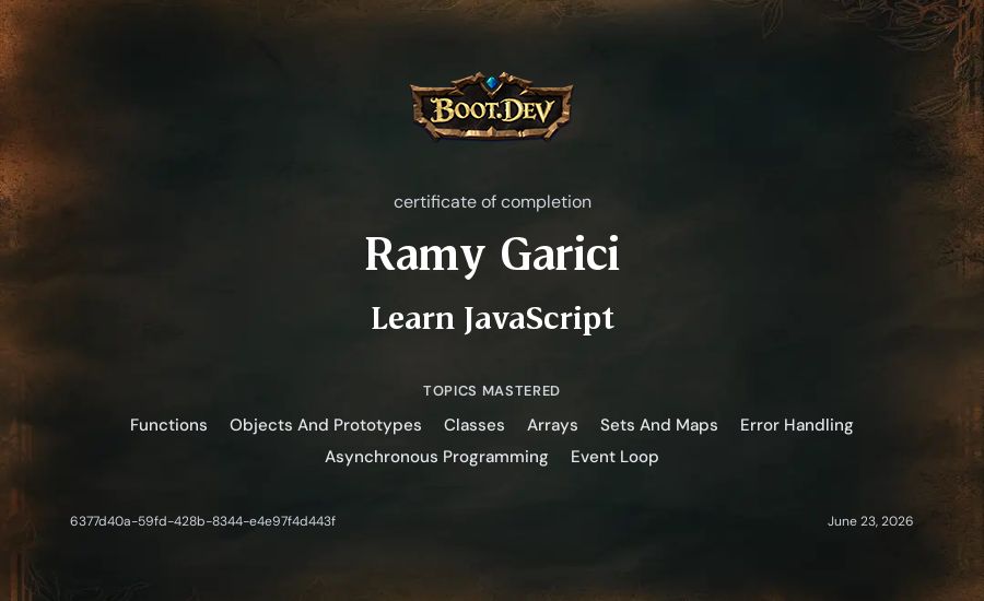 Ramy Garici's Boot.dev Learn JavaScript certificate