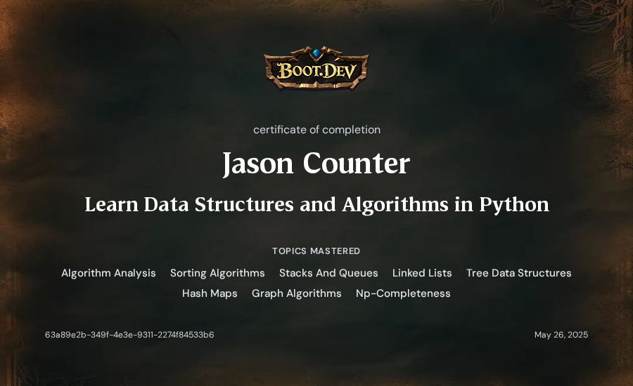 Jason Counter's Boot.dev Learn Data Structures and Algorithms in Python certificate