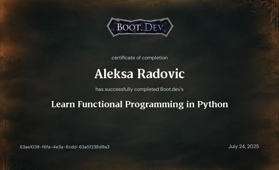 Aleksa Radovic's Boot.dev Learn Functional Programming in Python certificate