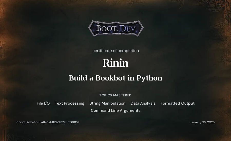 Rinin's Boot.dev Build a BookBot in Python certificate