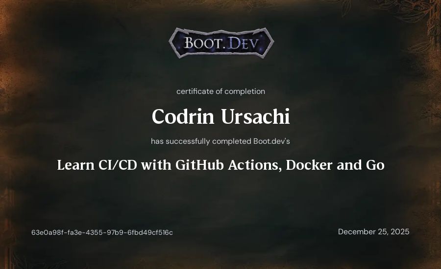 Codrin Ursachi's Boot.dev Learn CI/CD with GitHub Actions, Docker and Go certificate