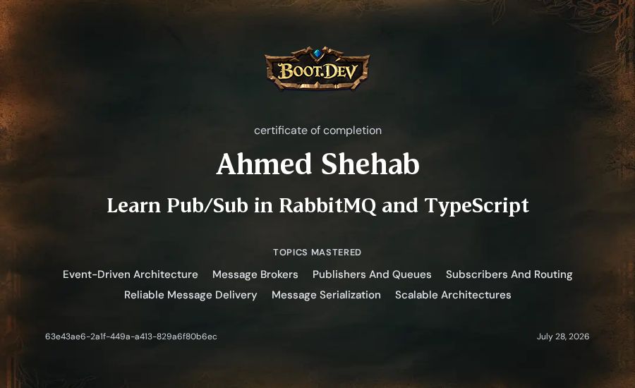 Ahmed Shehab's Boot.dev Learn Pub/Sub in RabbitMQ and TypeScript certificate