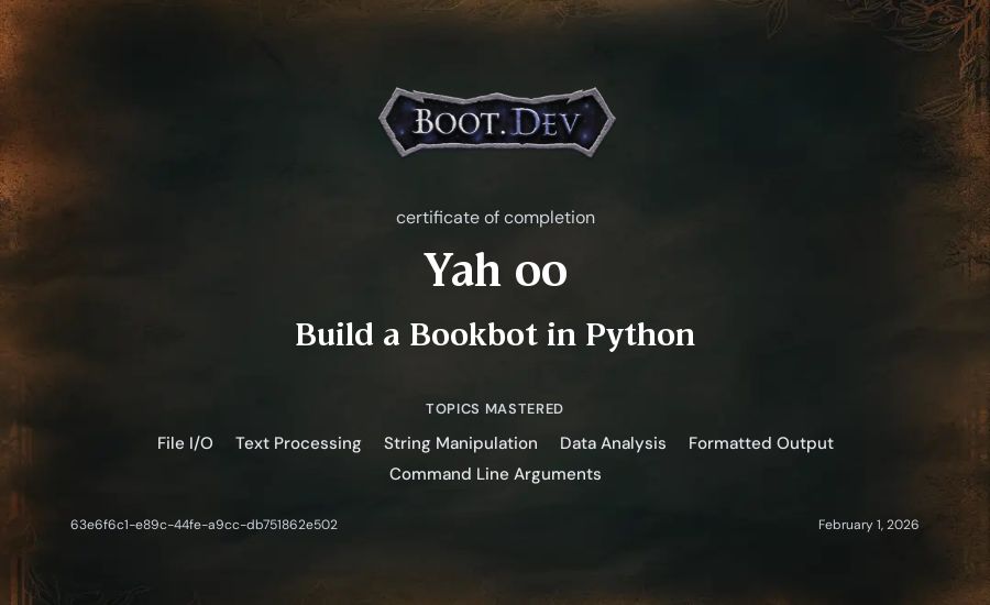 Yah oo's Boot.dev Build a BookBot in Python certificate