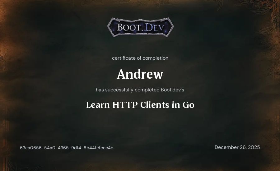 Andrew's Boot.dev Learn HTTP Clients in Go certificate