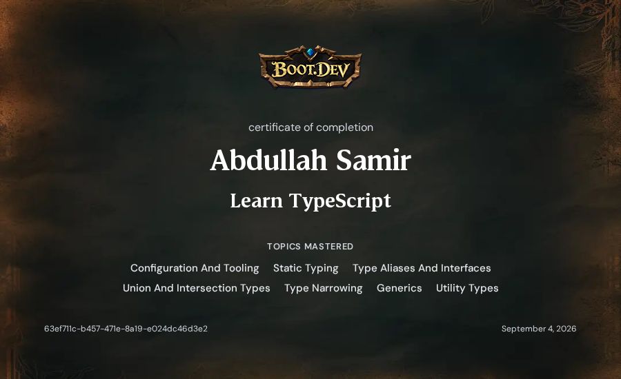 Abdullah Samir's Boot.dev Learn TypeScript certificate