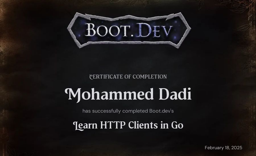 Mohammed Dadi's Boot.dev Learn HTTP Clients in Go certificate