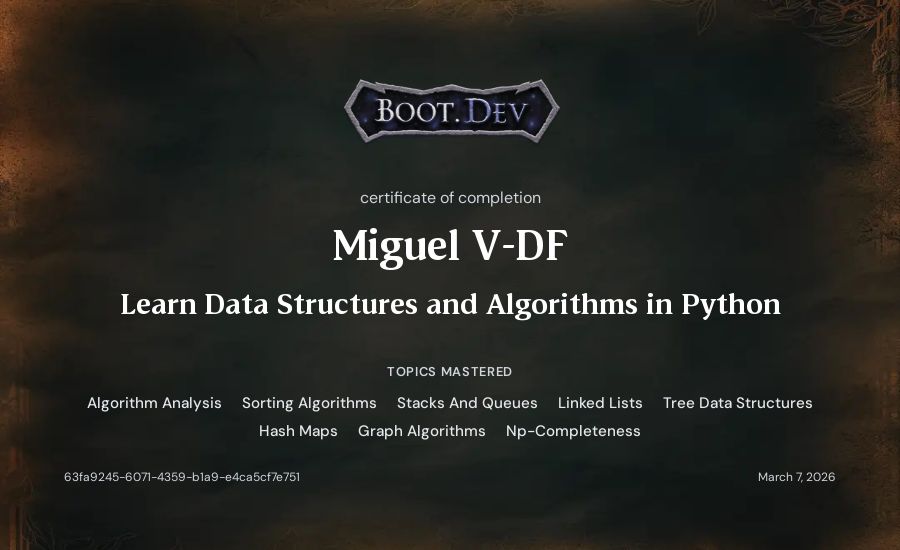 Miguel Vitta's Boot.dev Learn Data Structures and Algorithms in Python certificate