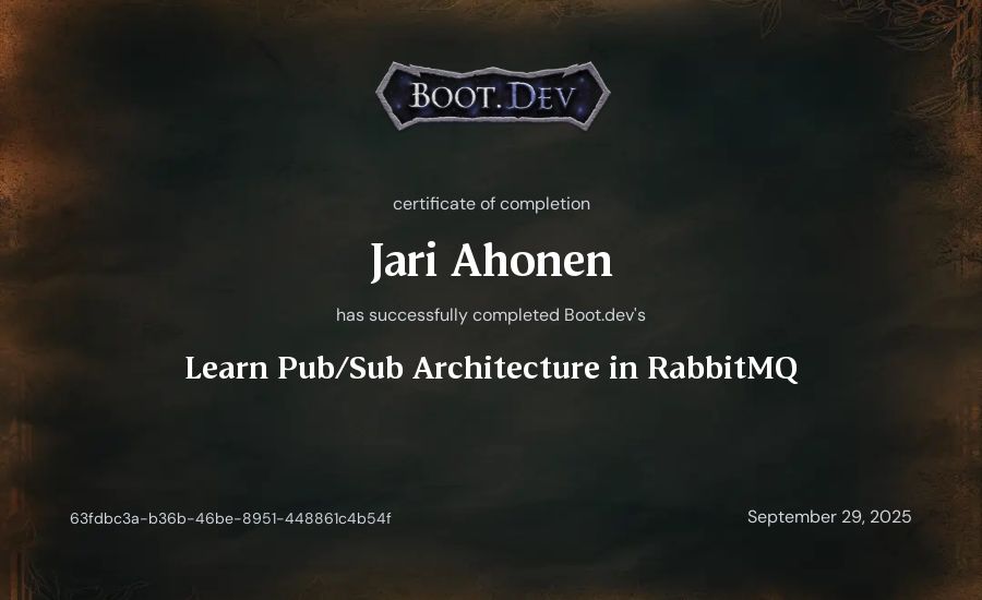 Jari Ahonen's Boot.dev Learn Pub/Sub in RabbitMQ and Go certificate