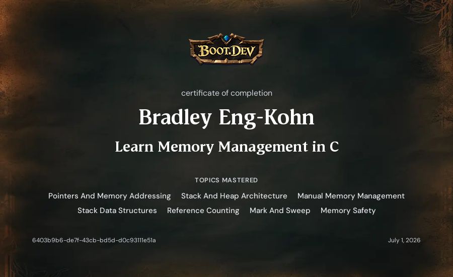 Bradley Eng-Kohn's Boot.dev Learn Memory Management in C certificate