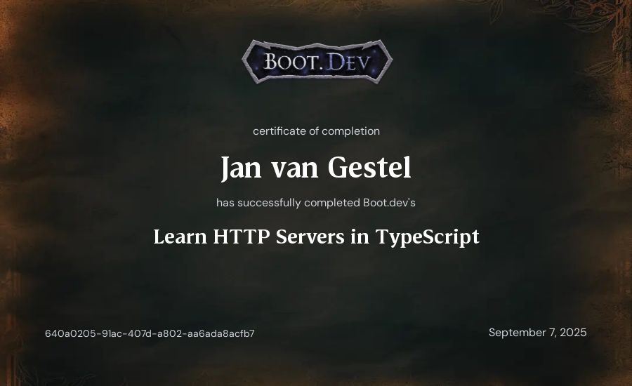 Jan van Gestel's Boot.dev Learn HTTP Servers in TypeScript certificate