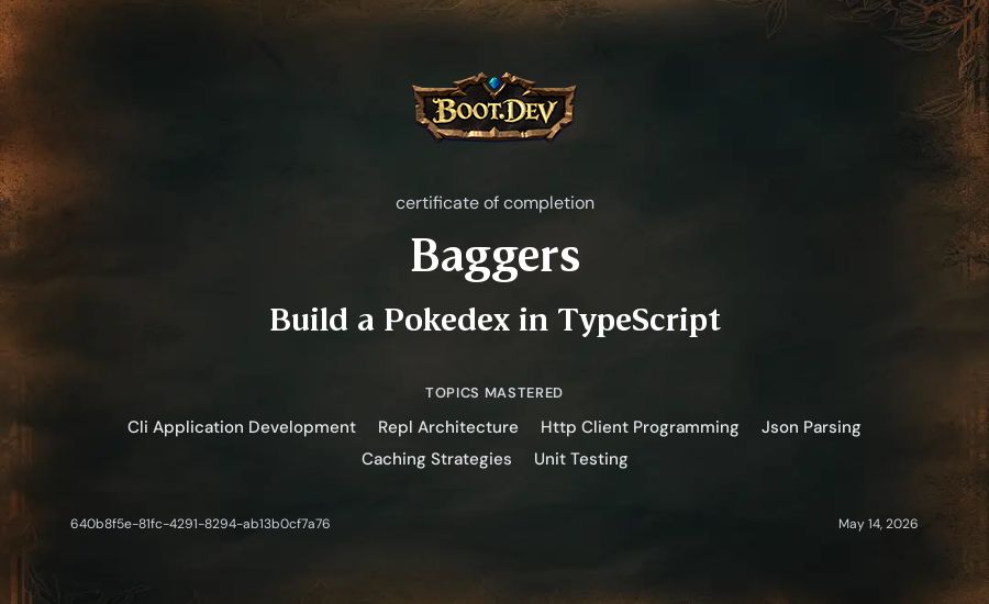 Baggers's Boot.dev Build a Pokedex in TypeScript certificate