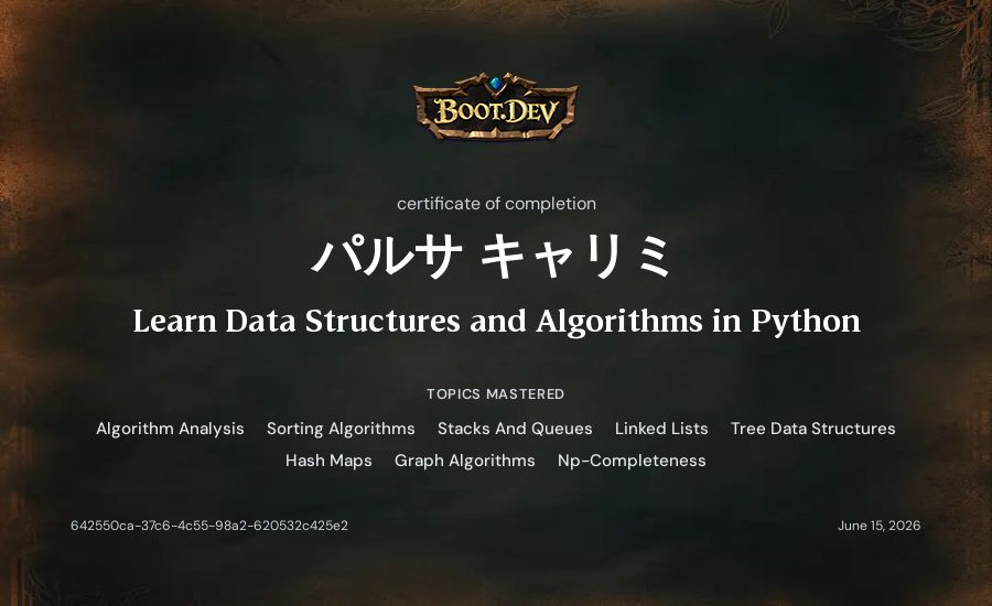 パルサ キャリミ's Boot.dev Learn Data Structures and Algorithms in Python certificate
