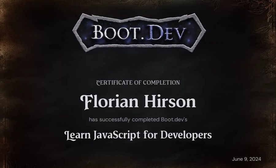 Florian Hirson's Boot.dev Learn JavaScript certificate