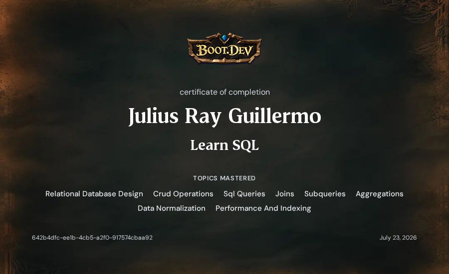 Julius Ray Guillermo's Boot.dev Learn SQL certificate