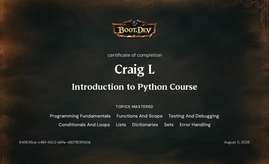 Craig L's Boot.dev Introduction to Python Course certificate