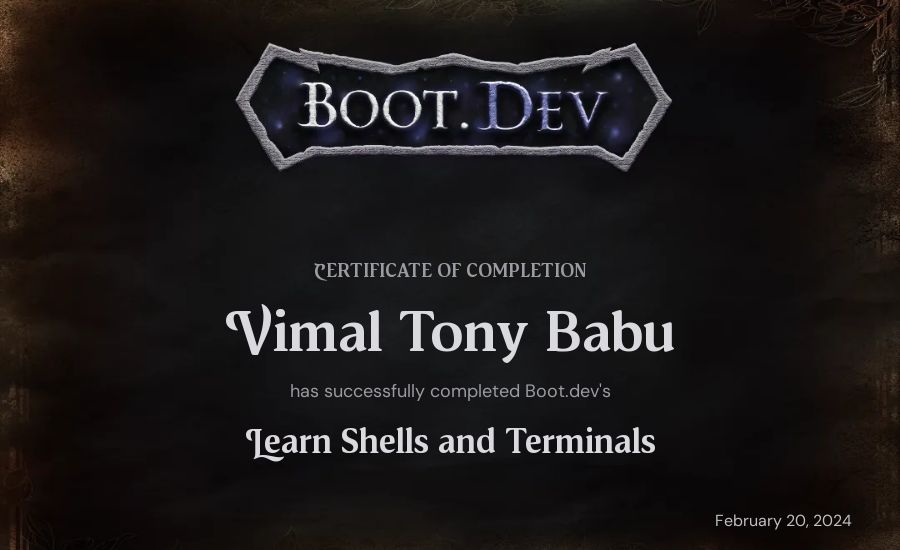 Vimal Tony Babu's Boot.dev Learn Linux certificate