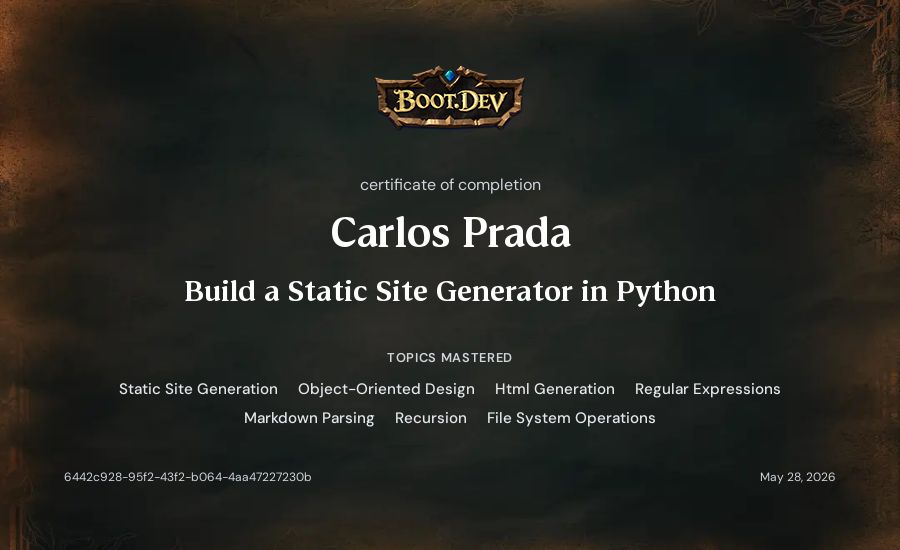 Carlos Prada's Boot.dev Build a Static Site Generator in Python certificate