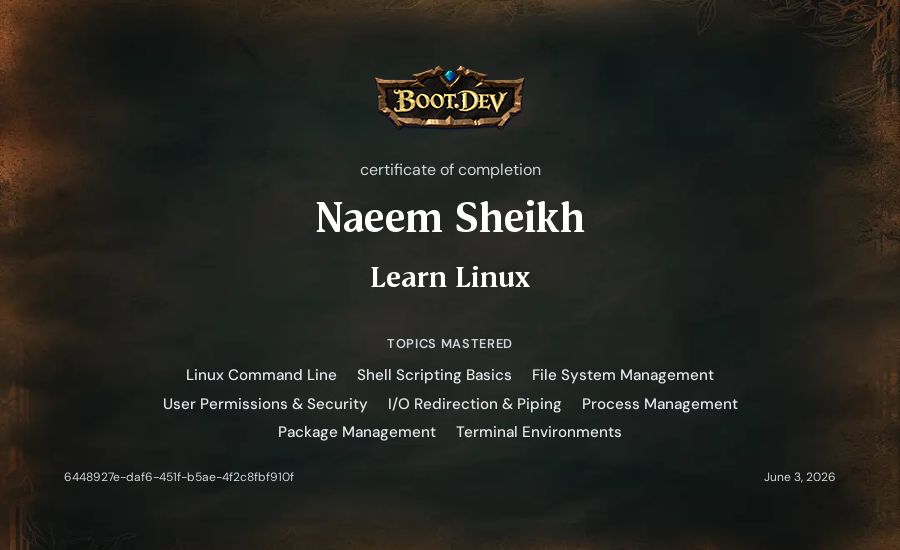 Naeem Sheikh's Boot.dev Learn Linux certificate