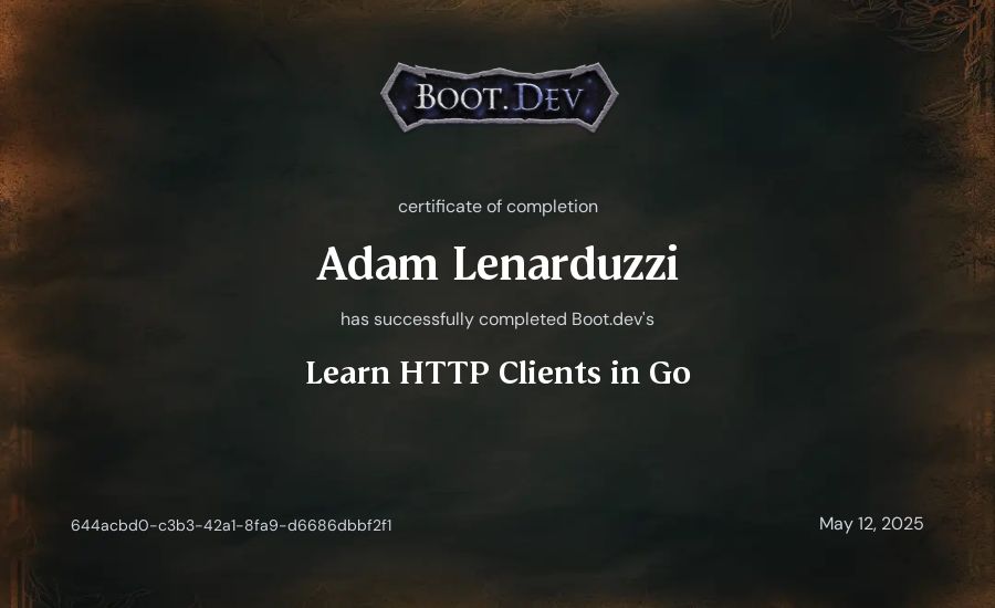 Adam Lenarduzzi's Boot.dev Learn HTTP Clients in Go certificate
