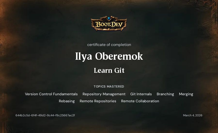Ilia Oberemok's Boot.dev Learn Git certificate