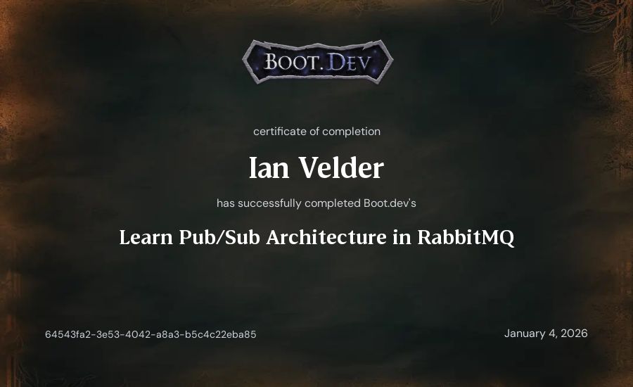 Ian Velder's Boot.dev Learn Pub/Sub in RabbitMQ and Go certificate