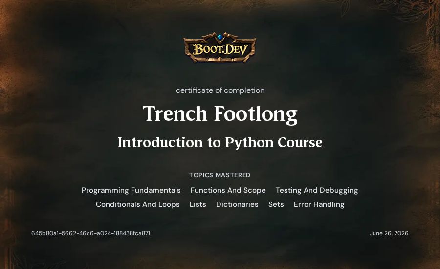 Trench Footlong's Boot.dev Introduction to Python Course certificate