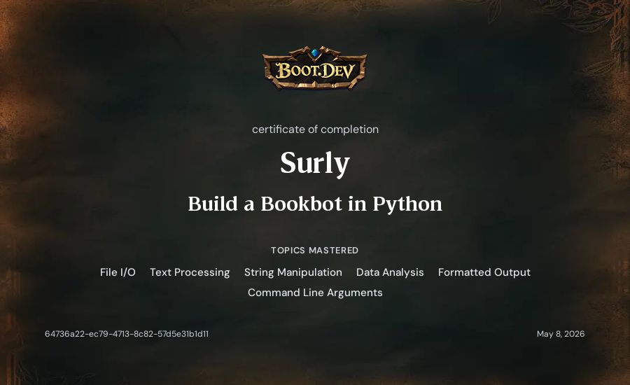 Surly's Boot.dev Build a BookBot in Python certificate