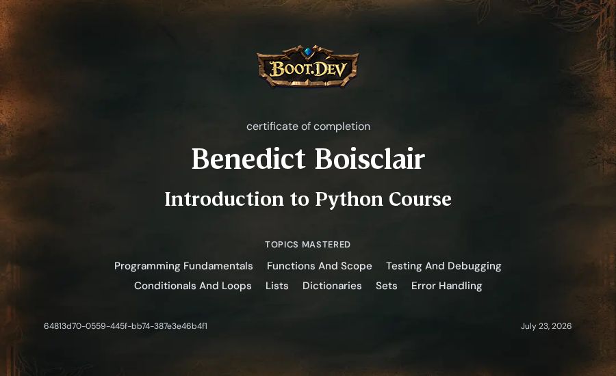 Benedict Boisclair's Boot.dev Introduction to Python Course certificate