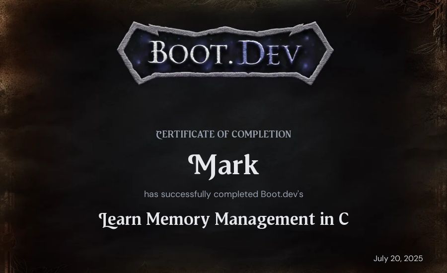 Mark's Boot.dev Learn Memory Management in C certificate