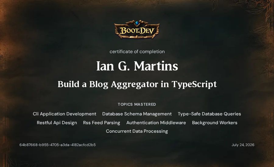 Ian G. Martins's Boot.dev Build a Blog Aggregator in TypeScript certificate