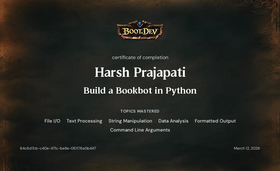 Harsh Prajapati's Boot.dev Build a BookBot in Python certificate