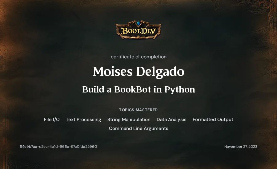 Moises Delgado's Boot.dev Build a BookBot in Python certificate