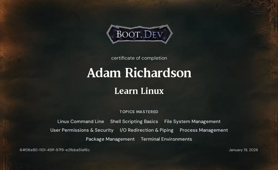 Adam Richardson's Boot.dev Learn Linux certificate