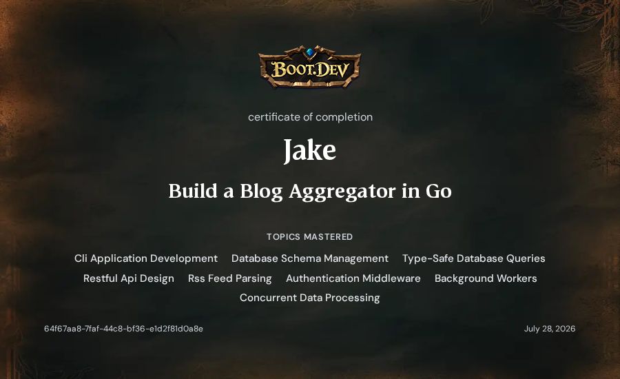 Jake's Boot.dev Build a Blog Aggregator in Go certificate