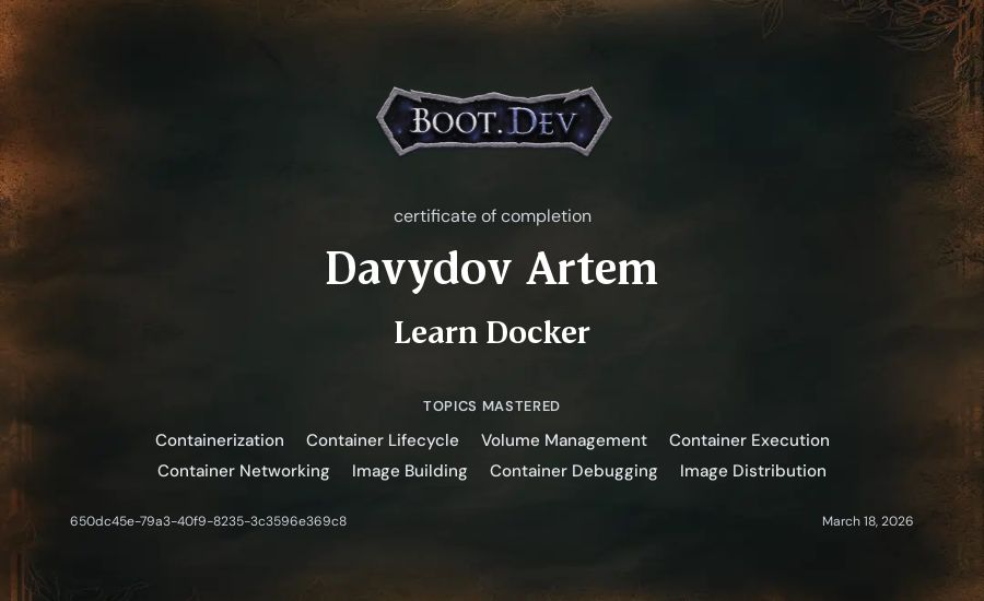 Davydov Artem's Boot.dev Learn Docker certificate