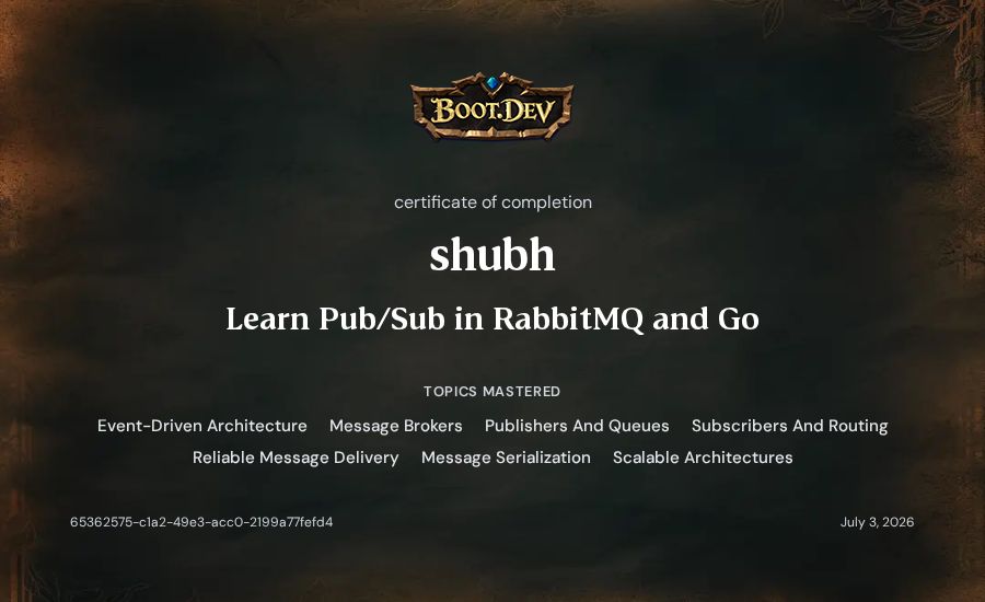 shubh's Boot.dev Learn Pub/Sub in RabbitMQ and Go certificate