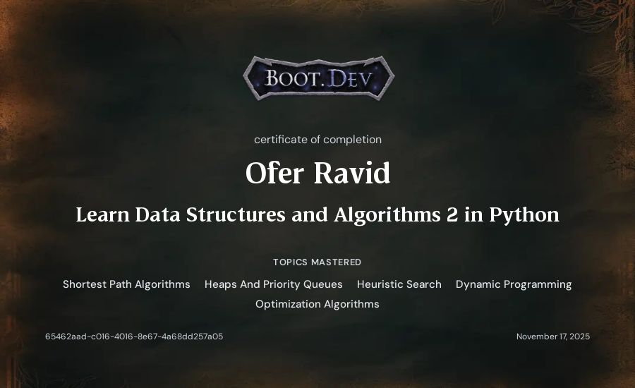 Ofer Ravid's Boot.dev Learn Data Structures and Algorithms 2 in Python certificate