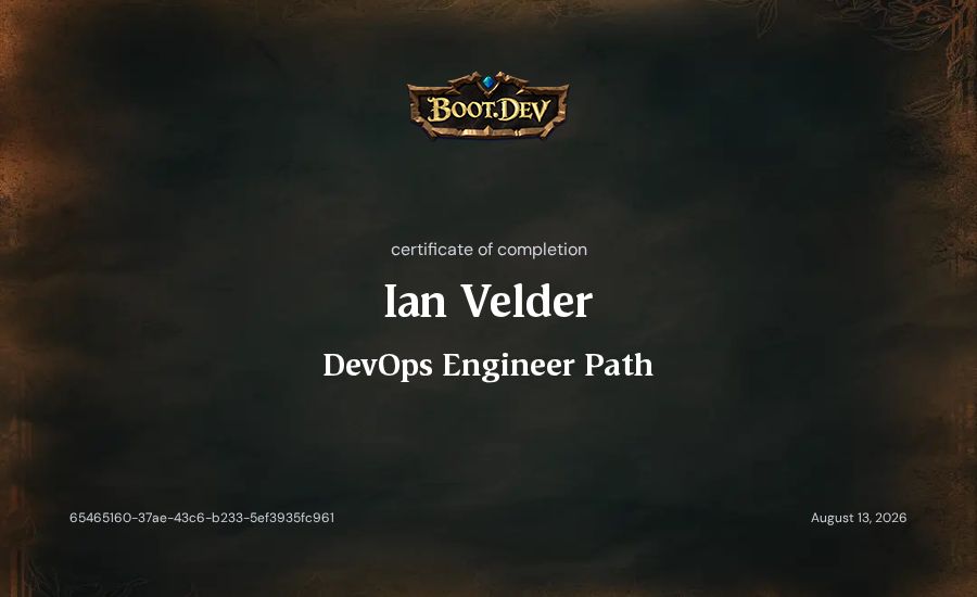 Ian Velder's Boot.dev DevOps Engineer Path certificate