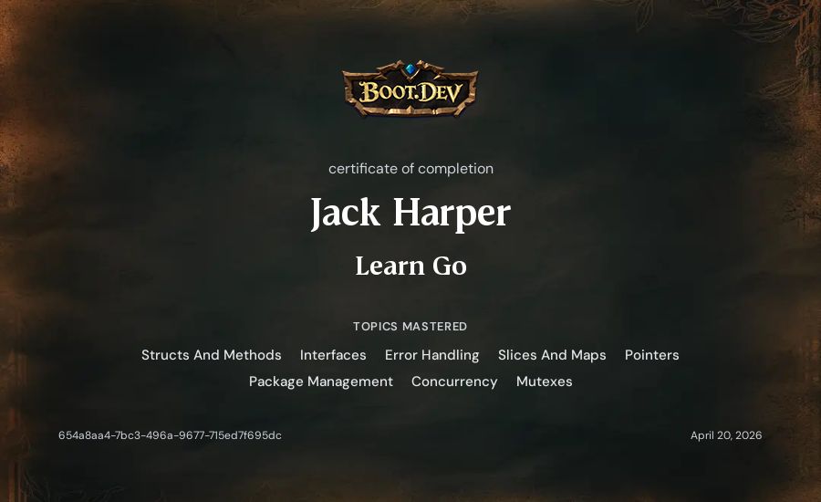 Jack Harper's Boot.dev Learn Go certificate