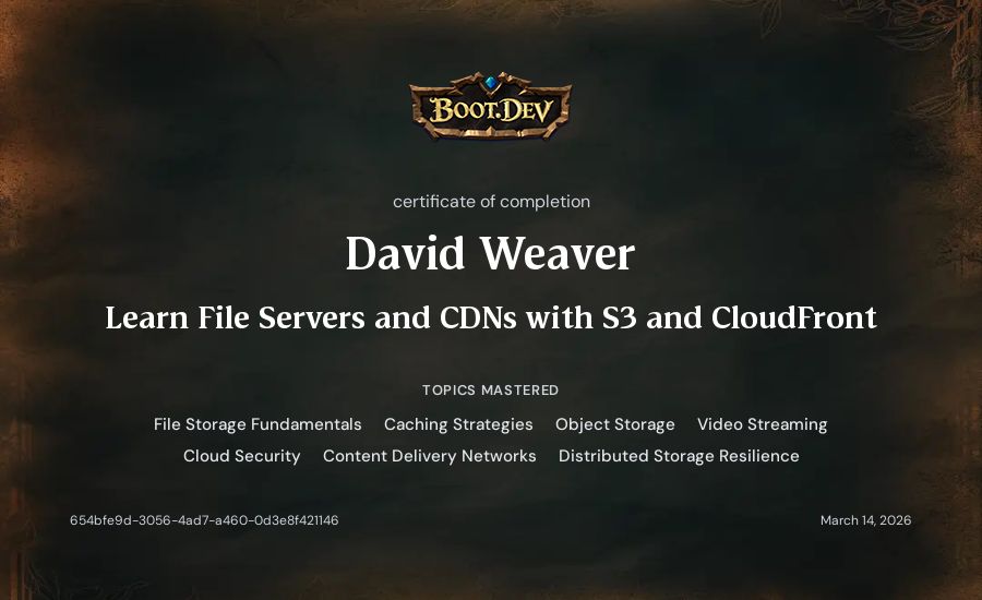 David Weaver's Boot.dev Learn File Servers and CDNs with S3 and CloudFront certificate