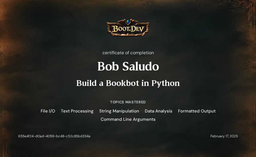 Bob Saludo's Boot.dev Build a BookBot in Python certificate