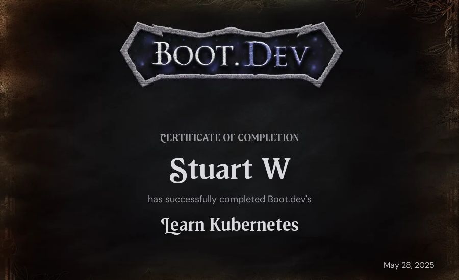 Stuart W's Boot.dev Learn Kubernetes certificate