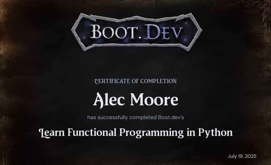 Alec Moore's Boot.dev Learn Functional Programming in Python certificate