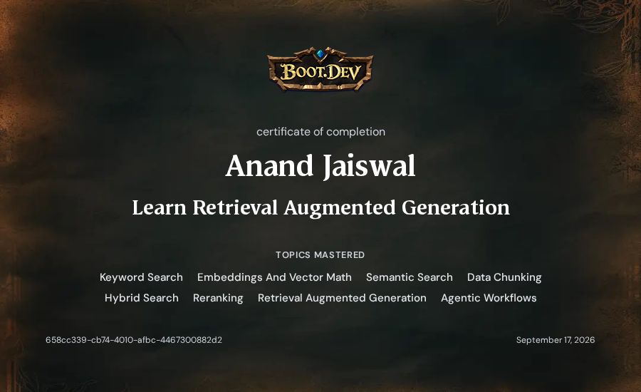 Anand Jaiswal's Boot.dev Learn Retrieval Augmented Generation certificate