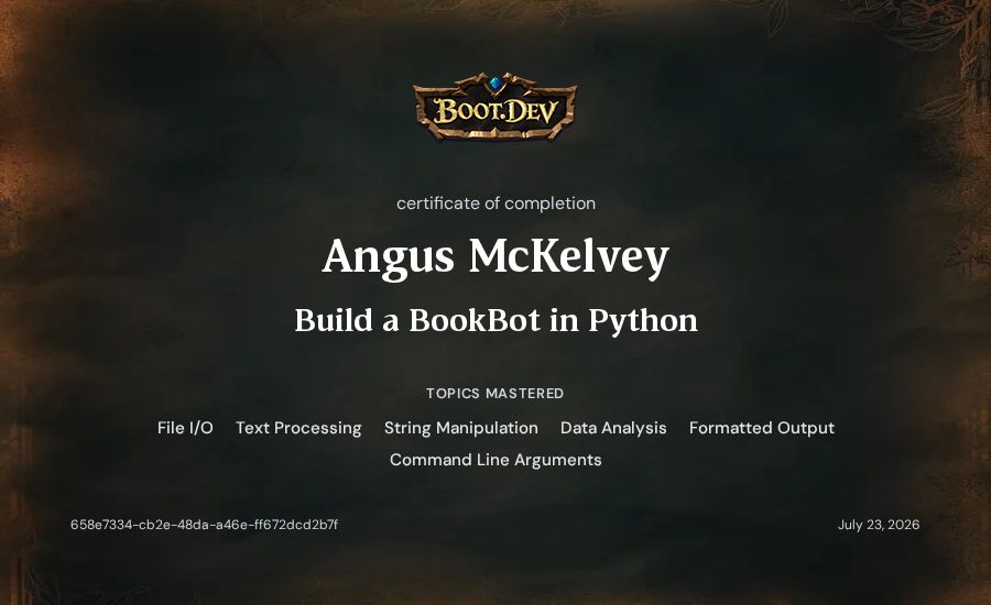 Angus McKelvey's Boot.dev Build a BookBot in Python certificate