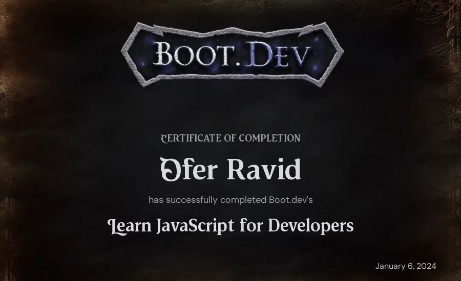 Ofer Ravid's Boot.dev Learn JavaScript certificate