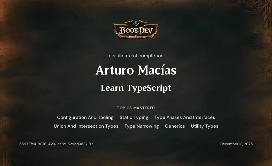 Arturo Macías's Boot.dev Learn TypeScript certificate