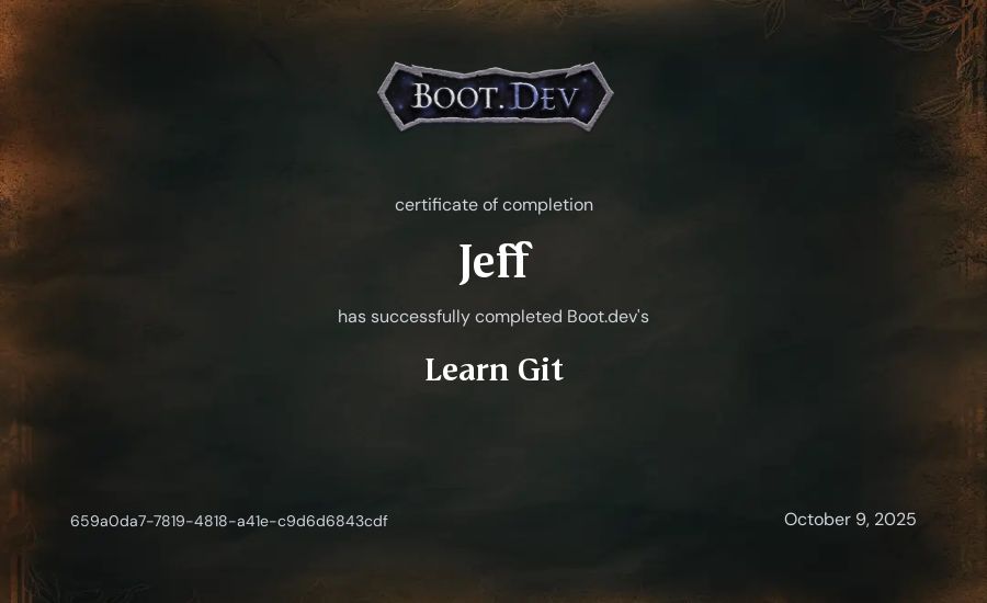 Jeff's Boot.dev Learn Git certificate